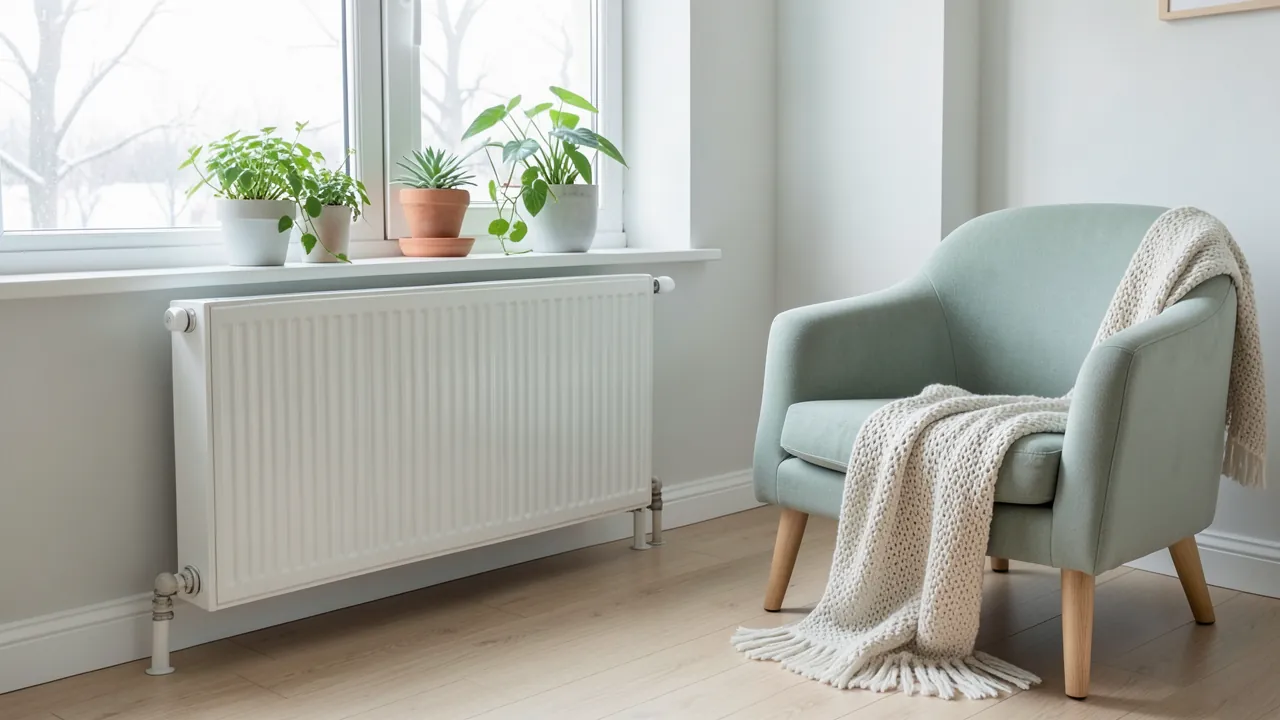 Radiador de panel blanco bajo una ventana en un salón luminoso con suelo de madera clara y un sillón verde salvia