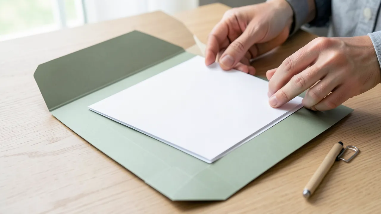 Manos ordenando papeles en una carpeta sobre una mesa de madera clara con un bolígrafo