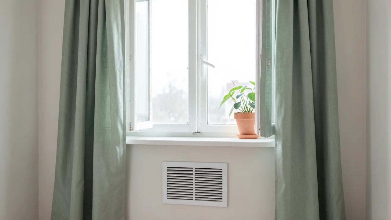 Ventana de madera entreabierta y rejilla de ventilación en la parte baja de la pared de un salón
