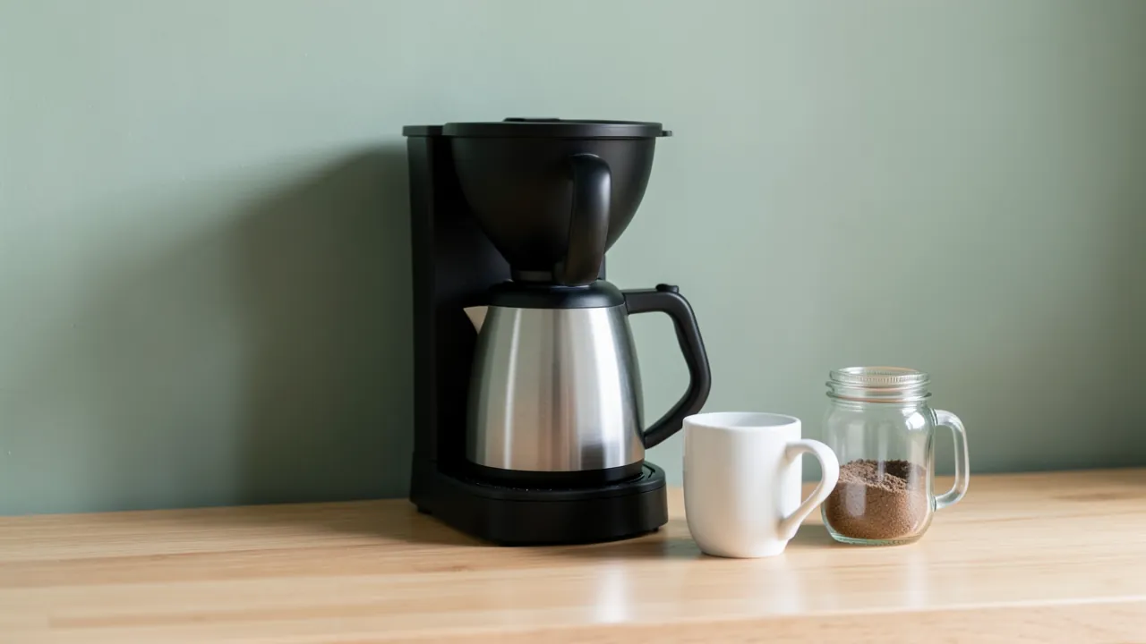 Cafetera de goteo con jarra térmica de acero inoxidable sobre una encimera de madera clara junto a dos tazas