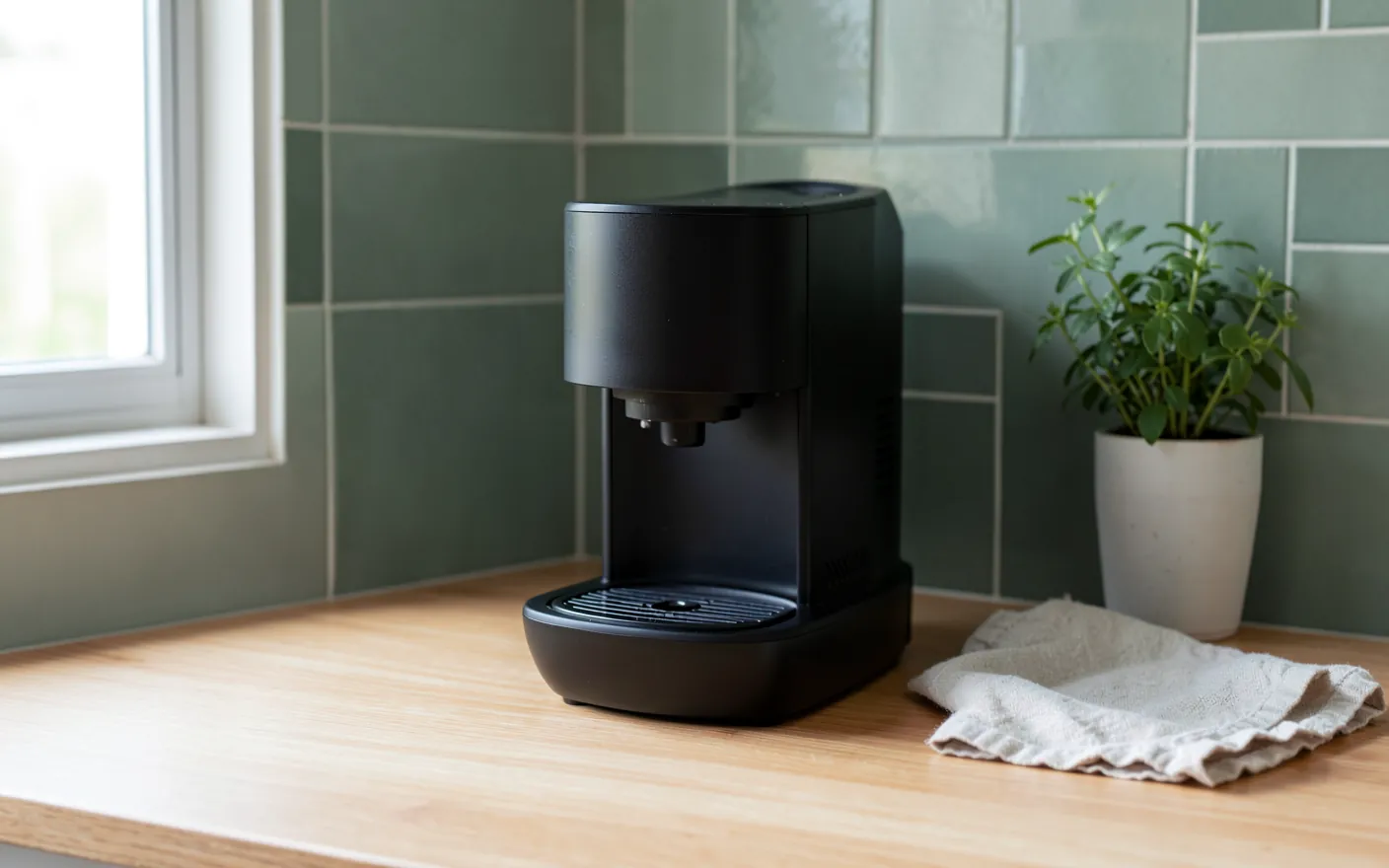 Cafetera de cápsulas compacta sobre una encimera de madera clara con una taza de café recién hecho y azulejos verde salvia