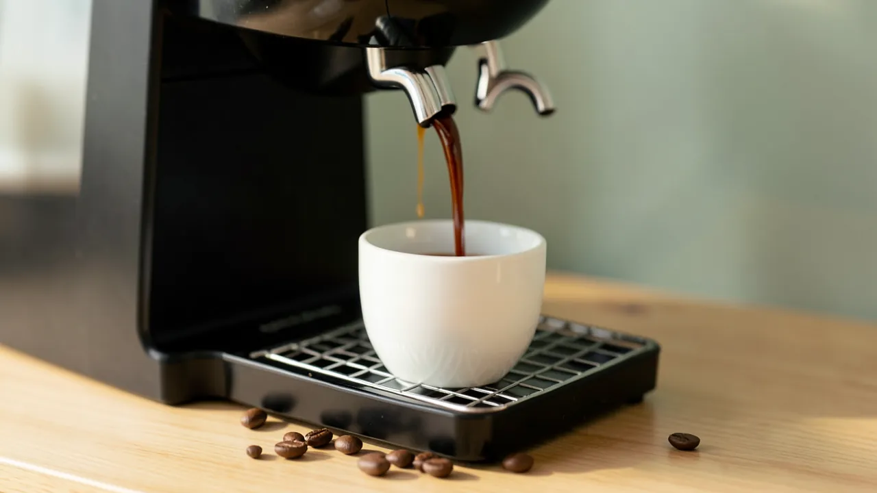 Café saliendo de la boquilla de una cafetera superautomática a una taza blanca de cerámica