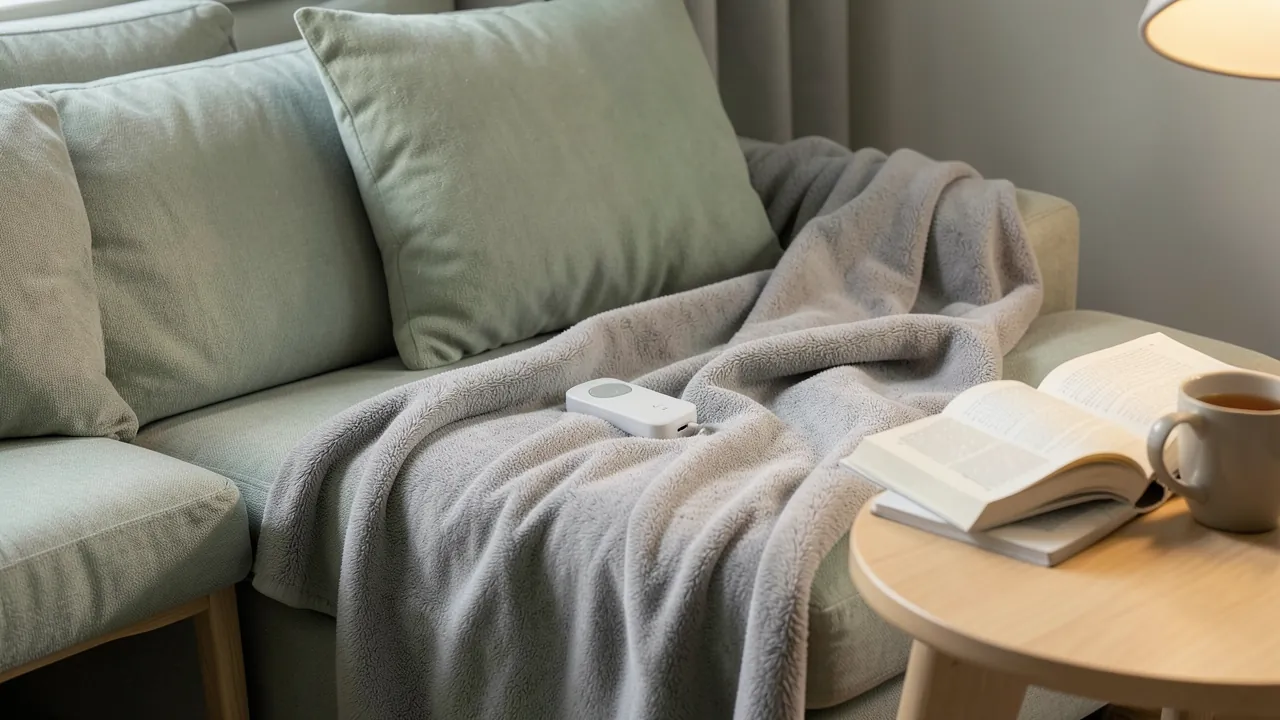 Esquina de sofá con una manta eléctrica gris, un libro y una taza de té