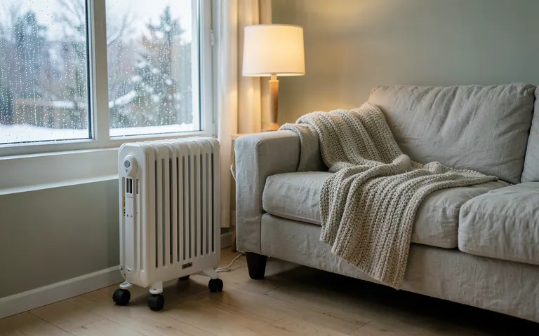Radiador de aceite junto a un sofá con una manta de punto en un salón acogedor de invierno