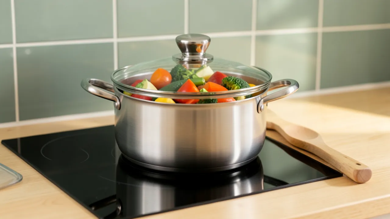 Olla de acero inoxidable con tapa de cristal cocinando verduras sobre una placa de inducción negra