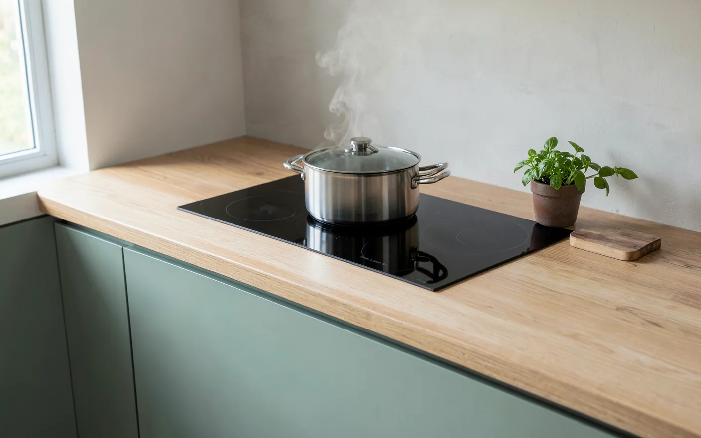 Placa de inducción negra en una encimera de madera clara con una olla de acero tapada y muebles verde salvia