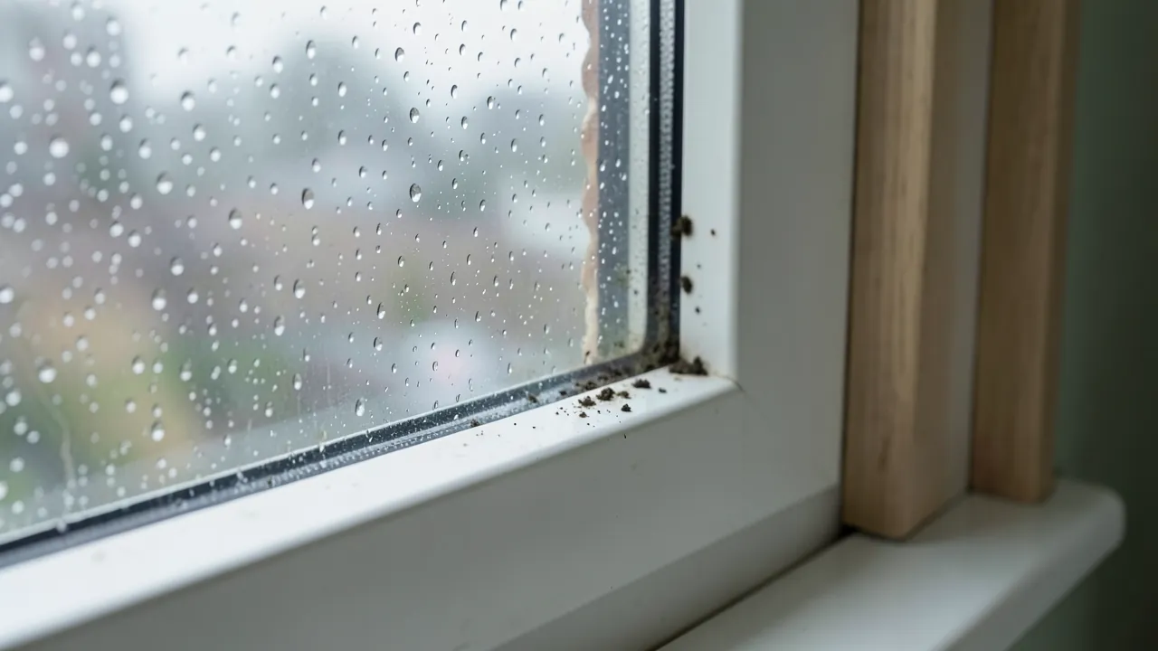Gotas de condensación en el cristal de una ventana con manchas de moho en el marco