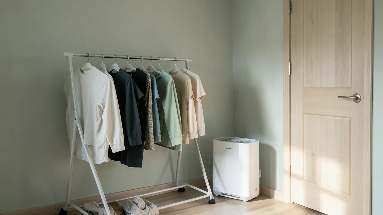 Habitación pequeña con un tendedero lleno de ropa y un deshumidificador al lado