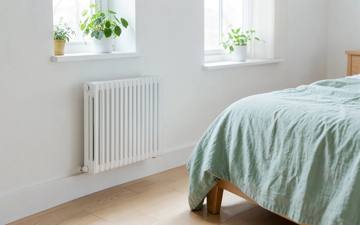 Emisor térmico blanco de aluminio colgado bajo la ventana de un dormitorio luminoso con suelo de madera clara