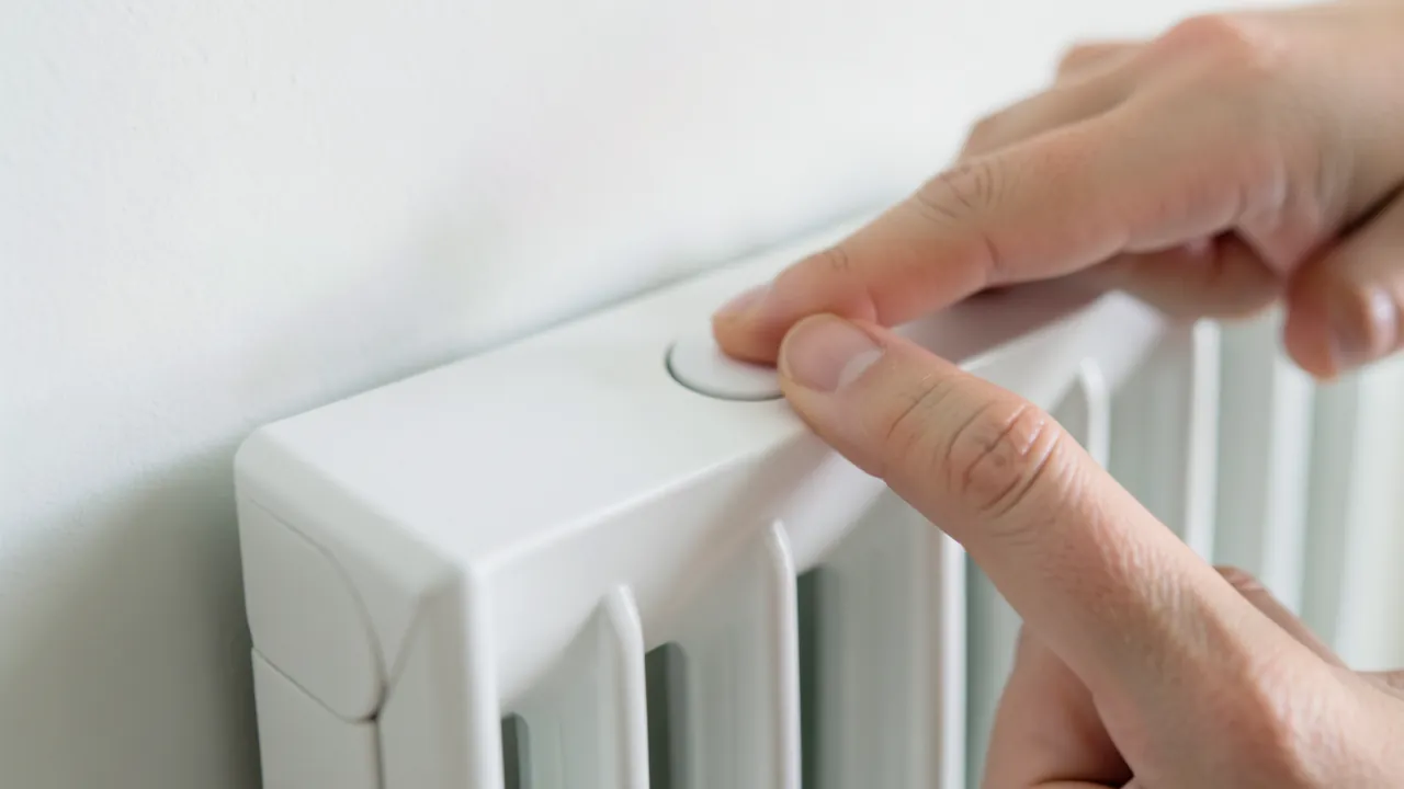 Dedo pulsando el panel de control liso de un emisor térmico blanco colgado en la pared
