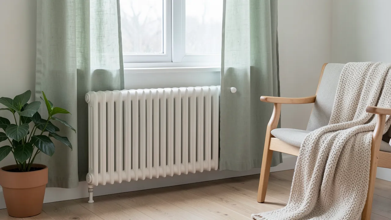 Emisor térmico blanco bajo una ventana con cortinas cortas de lino verde salvia en un salón con plantas