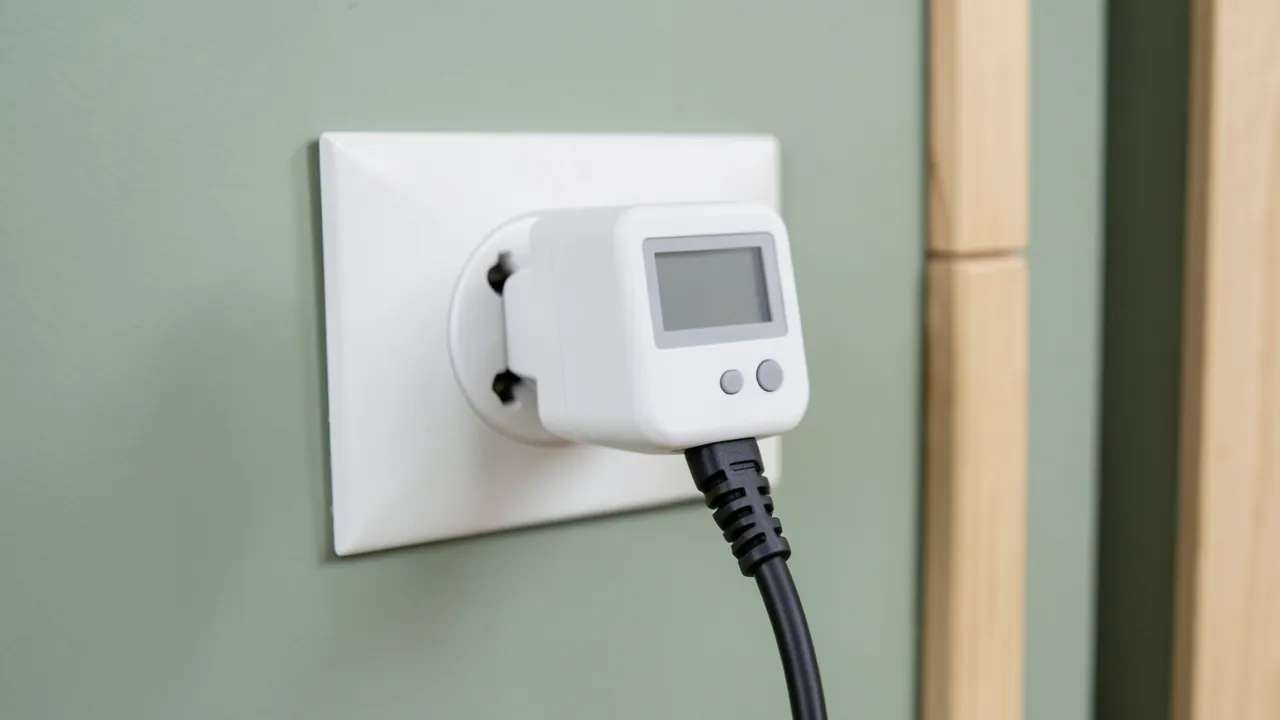 Medidor de consumo con pantalla enchufado a la pared con un aparato conectado