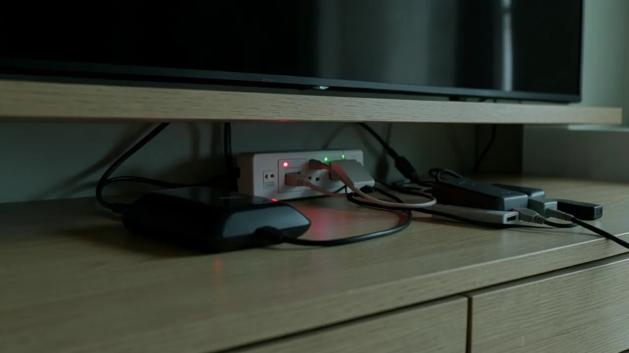 Parte trasera de un mueble de televisión con una regleta, cargadores y pilotos rojos de espera