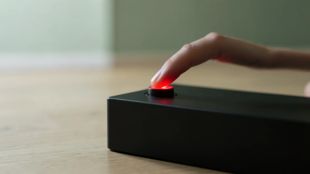 Dedo pulsando el interruptor iluminado de una regleta sobre un suelo de madera clara
