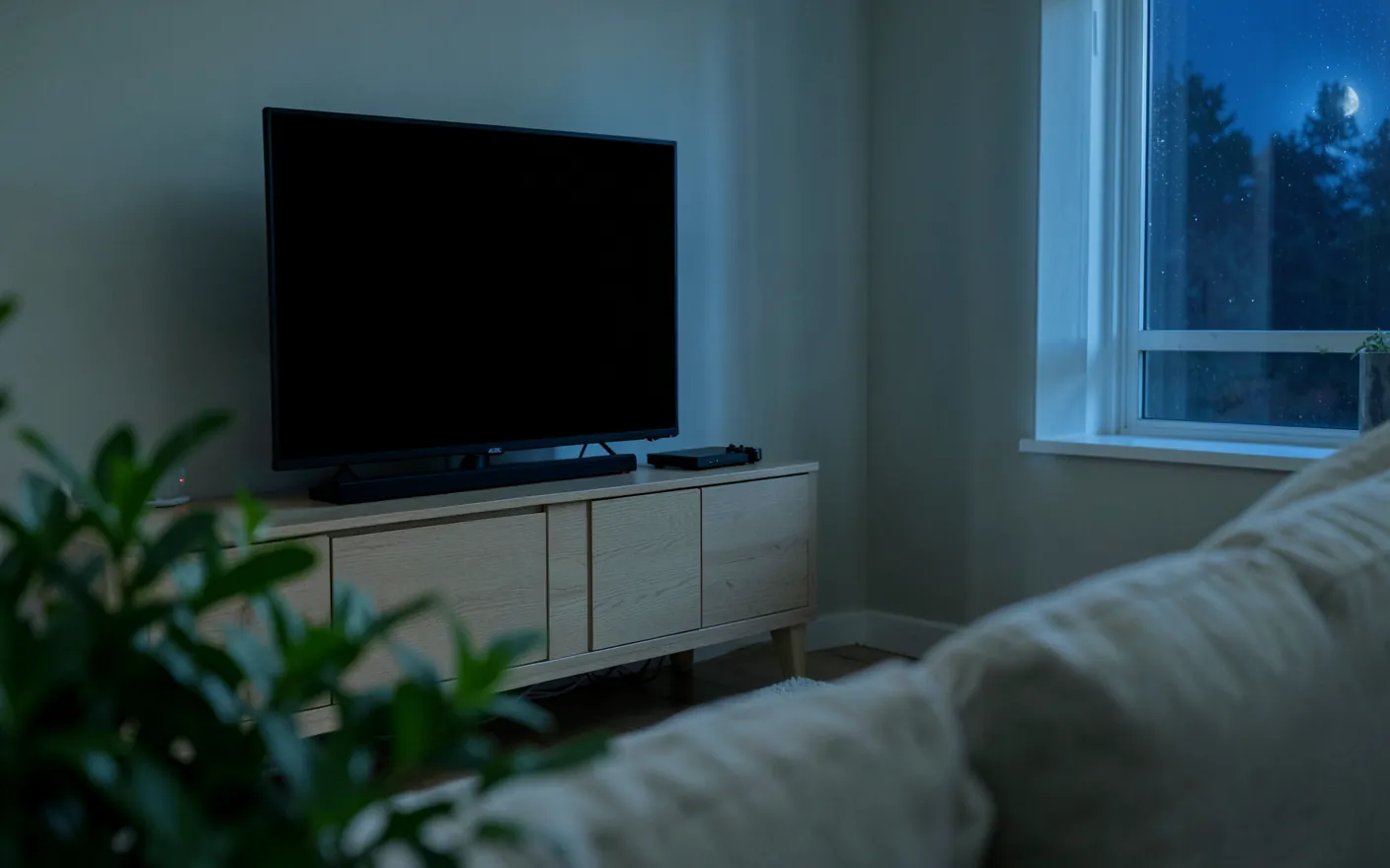 Salón a oscuras con un mueble de madera clara, la tele apagada y pequeñas luces de espera encendidas en los aparatos