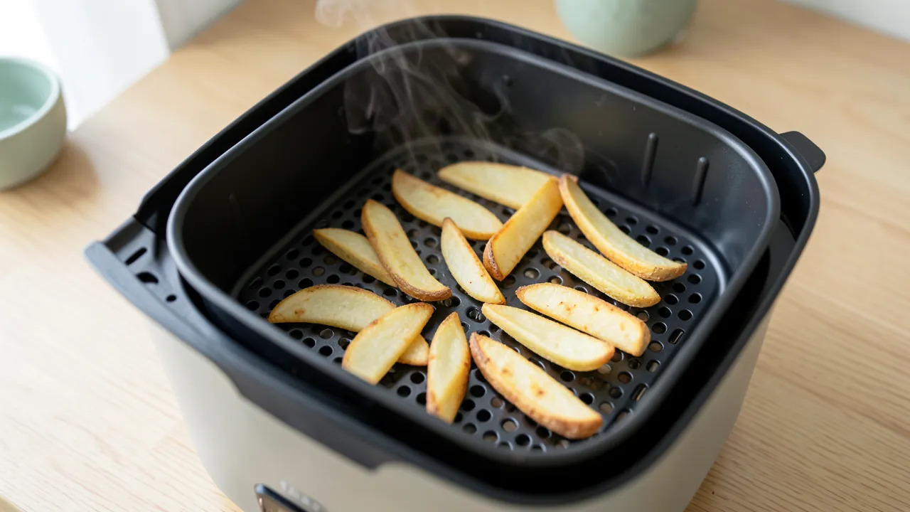 Cesta de una freidora de aire abierta con patatas doradas en una sola capa