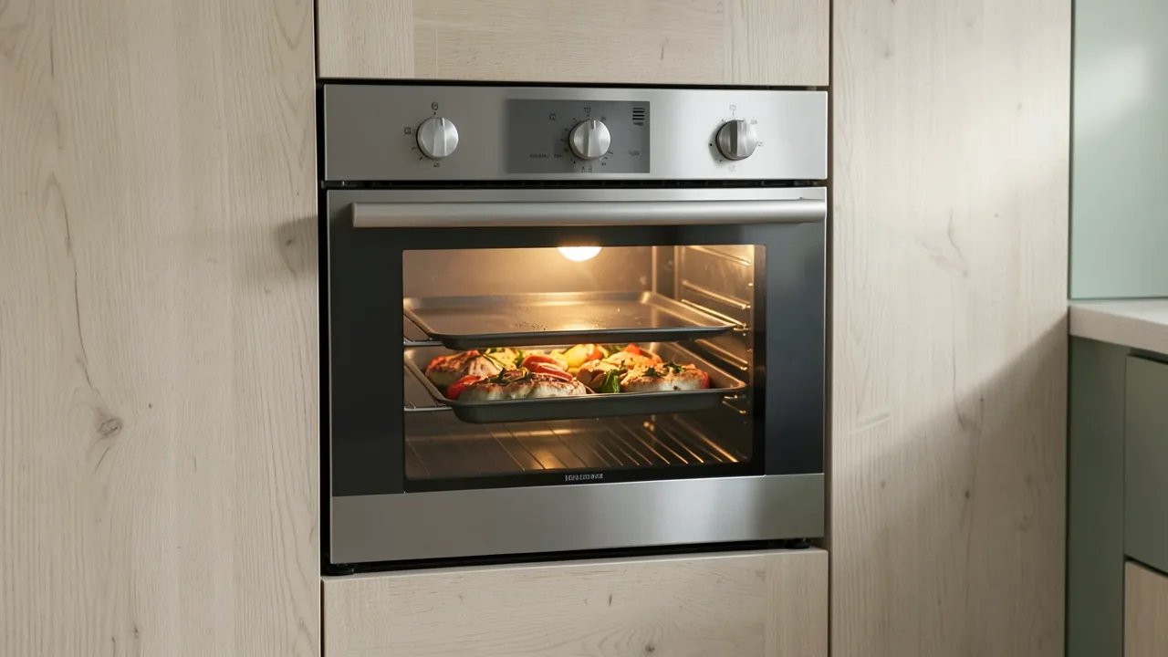 Horno eléctrico empotrado con dos bandejas de verduras asadas dentro