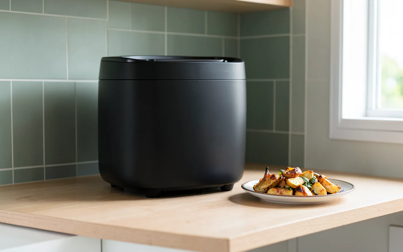 Freidora de aire sobre la encimera de una cocina luminosa con verduras asadas en un plato