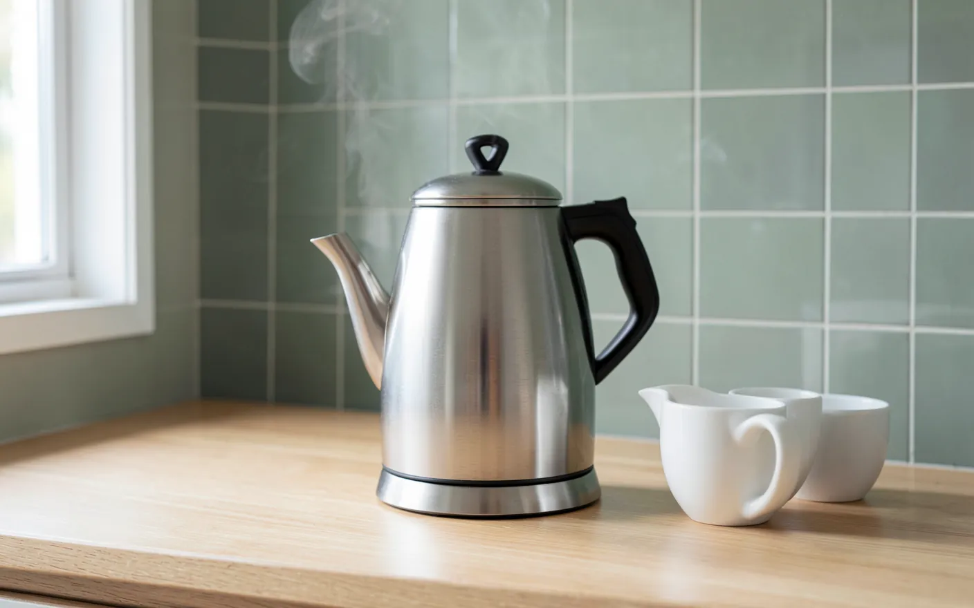 Hervidor eléctrico de acero inoxidable sobre una encimera de madera clara junto a dos tazas blancas