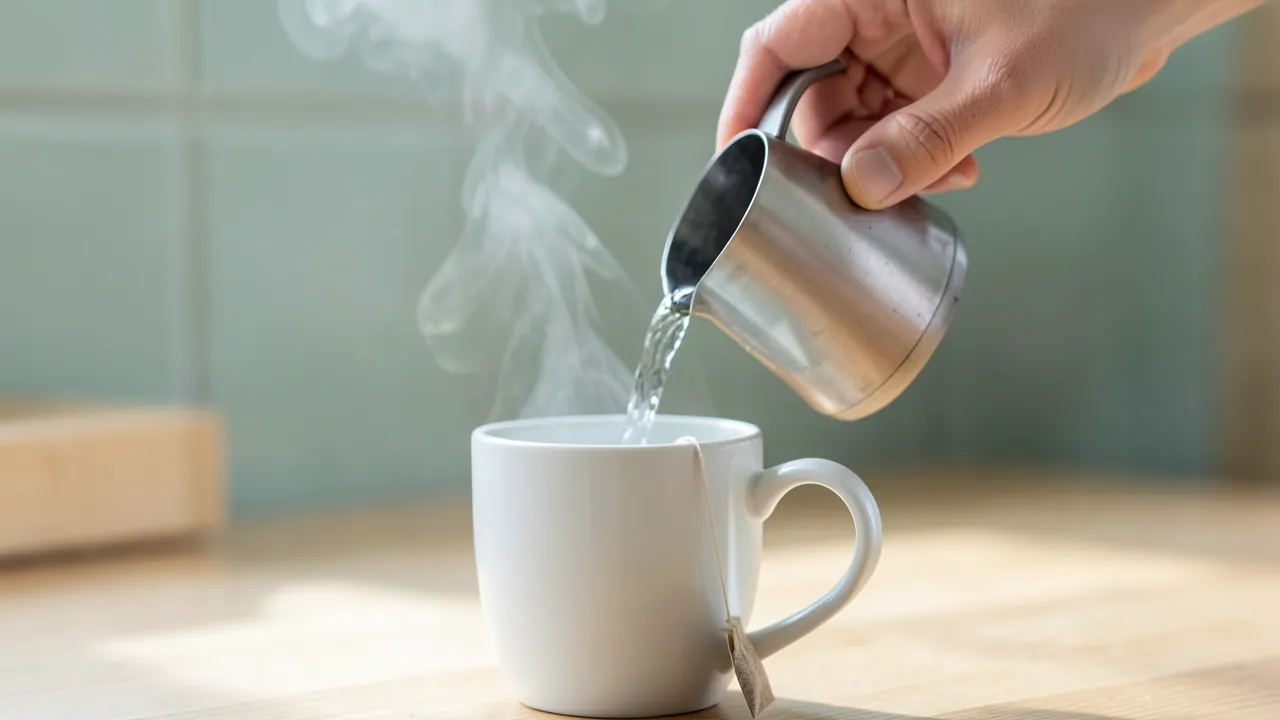 Mano vertiendo agua caliente de un hervidor de acero en una taza de cerámica con una bolsita de té
