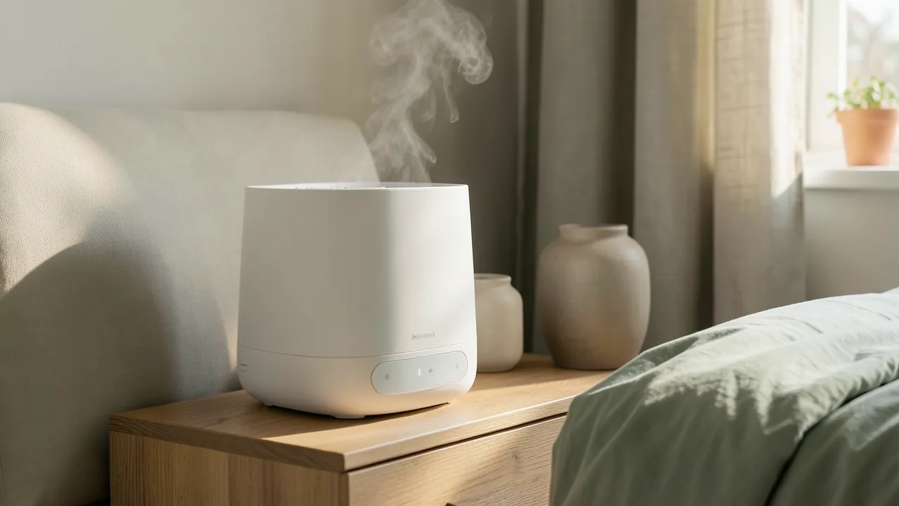 Humidificador pequeño con una fina columna de niebla sobre una mesita de noche de madera en un dormitorio con ropa de cama verde salvia