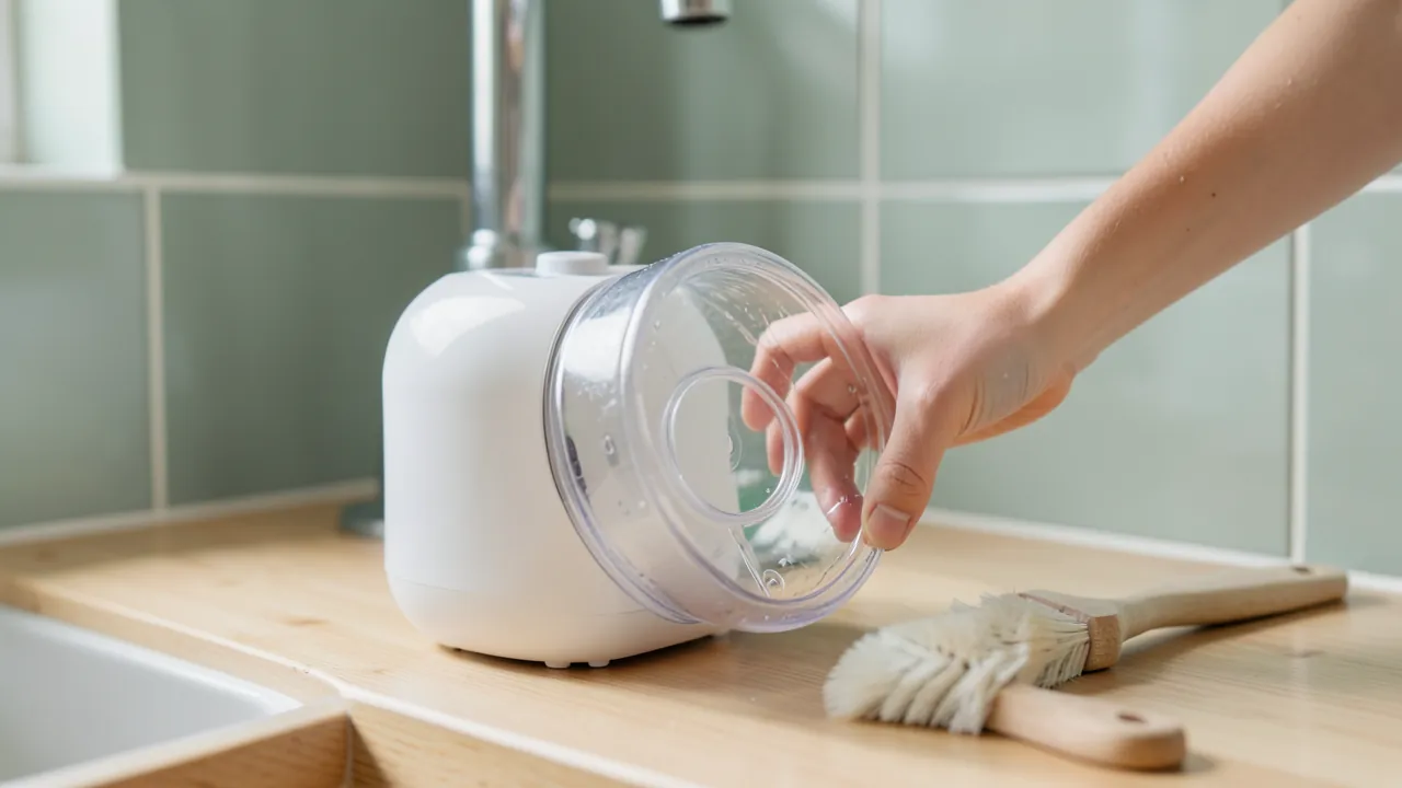 Mano aclarando bajo el grifo el depósito vacío de un humidificador blanco en una encimera de madera clara