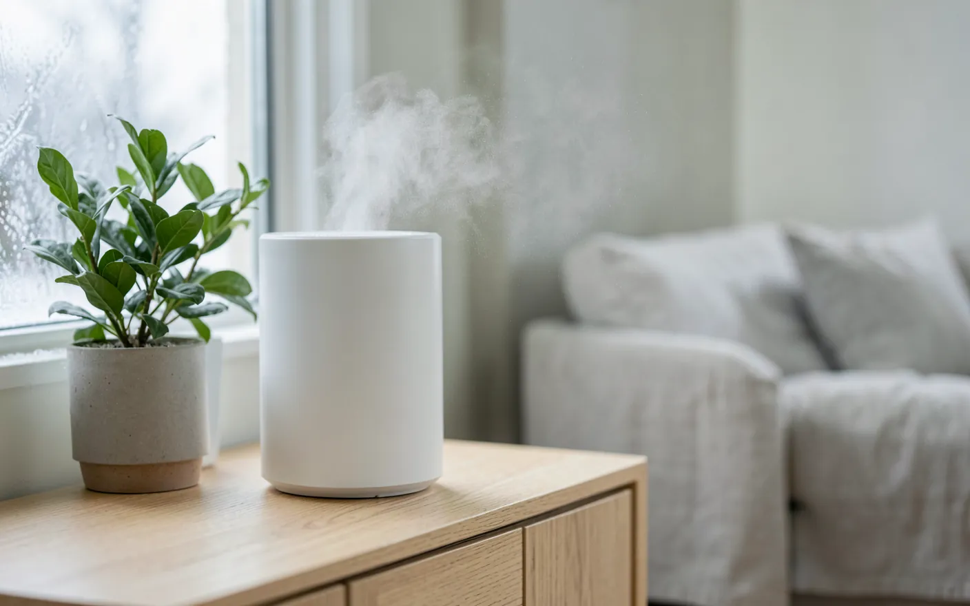Humidificador blanco soltando una nube de niebla fría sobre un aparador de madera clara en un salón luminoso en invierno