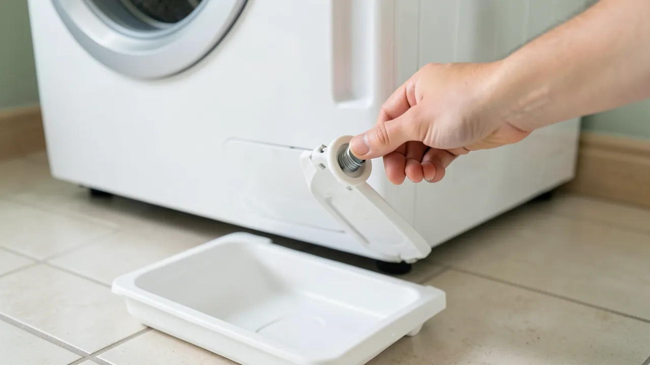 Mano desenroscando el filtro de la bomba de desagüe en la parte baja de una lavadora blanca, con una bandeja en el suelo