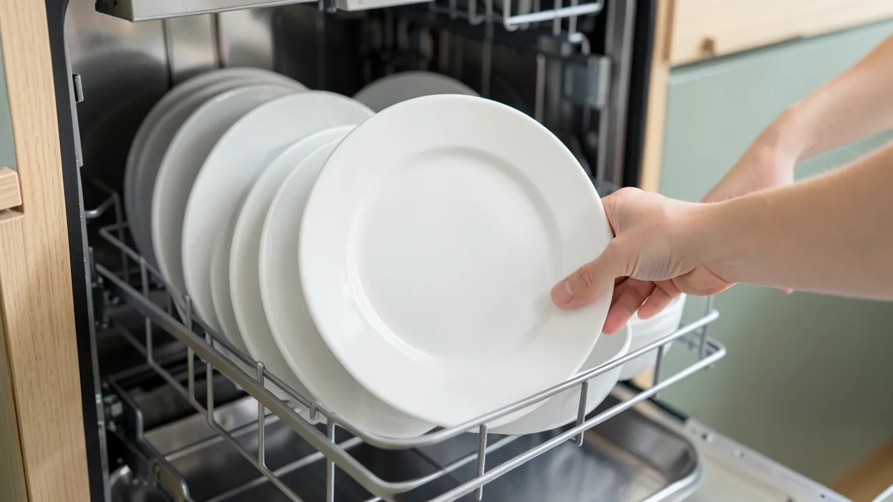 Mano colocando un plato blanco en la cesta inferior de un lavavajillas abierto y lleno de platos y cuencos bien separados