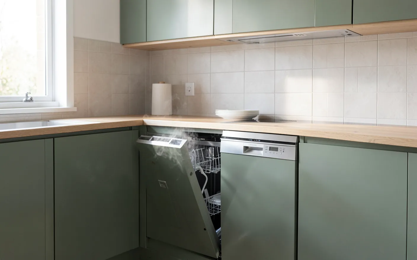 Lavavajillas integrado con la puerta entreabierta y vapor saliendo, en una cocina de muebles verde salvia y encimera de madera clara