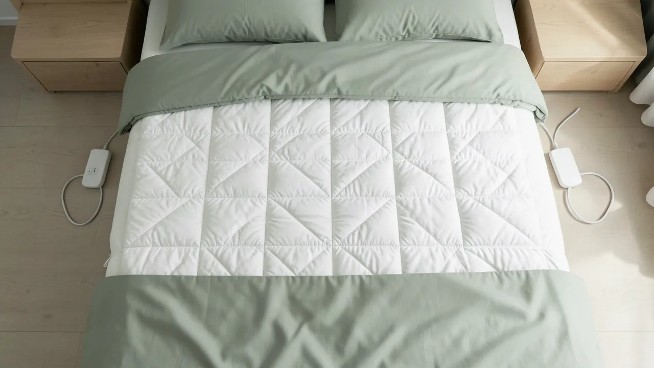 Cama de matrimonio con un calientacamas doble bajo la sábana y un mando a cada lado