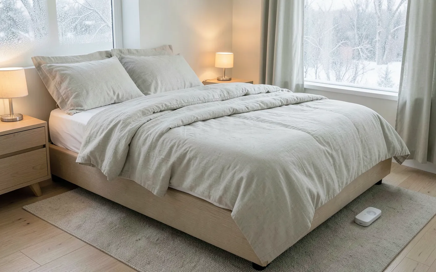 Cama preparada en un dormitorio de invierno con el edredón abierto y un calientacamas blanco sobre el colchón