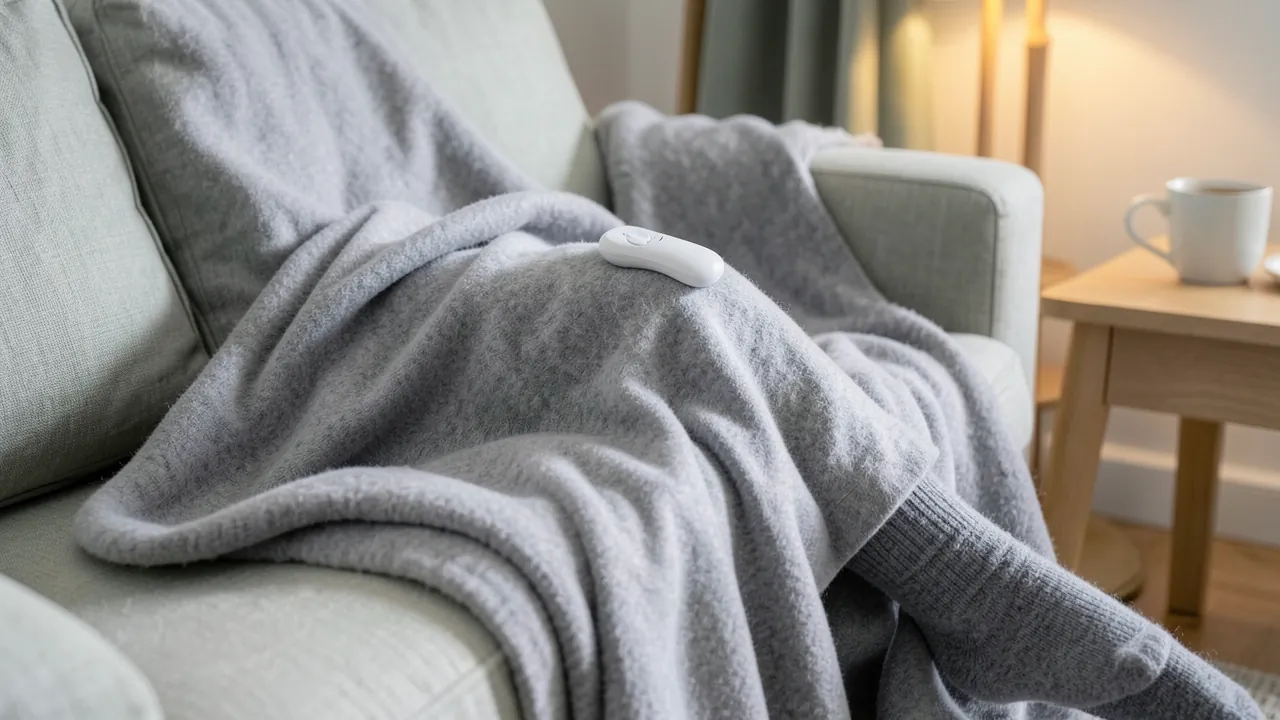 Piernas cubiertas con una manta eléctrica gris en un sofá de lino, con el mando apoyado encima