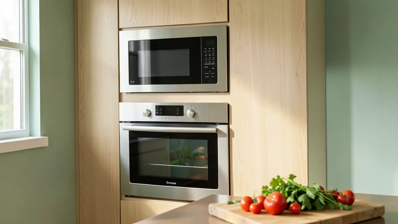 Columna de cocina de madera clara con un microondas integrado encima de un horno eléctrico