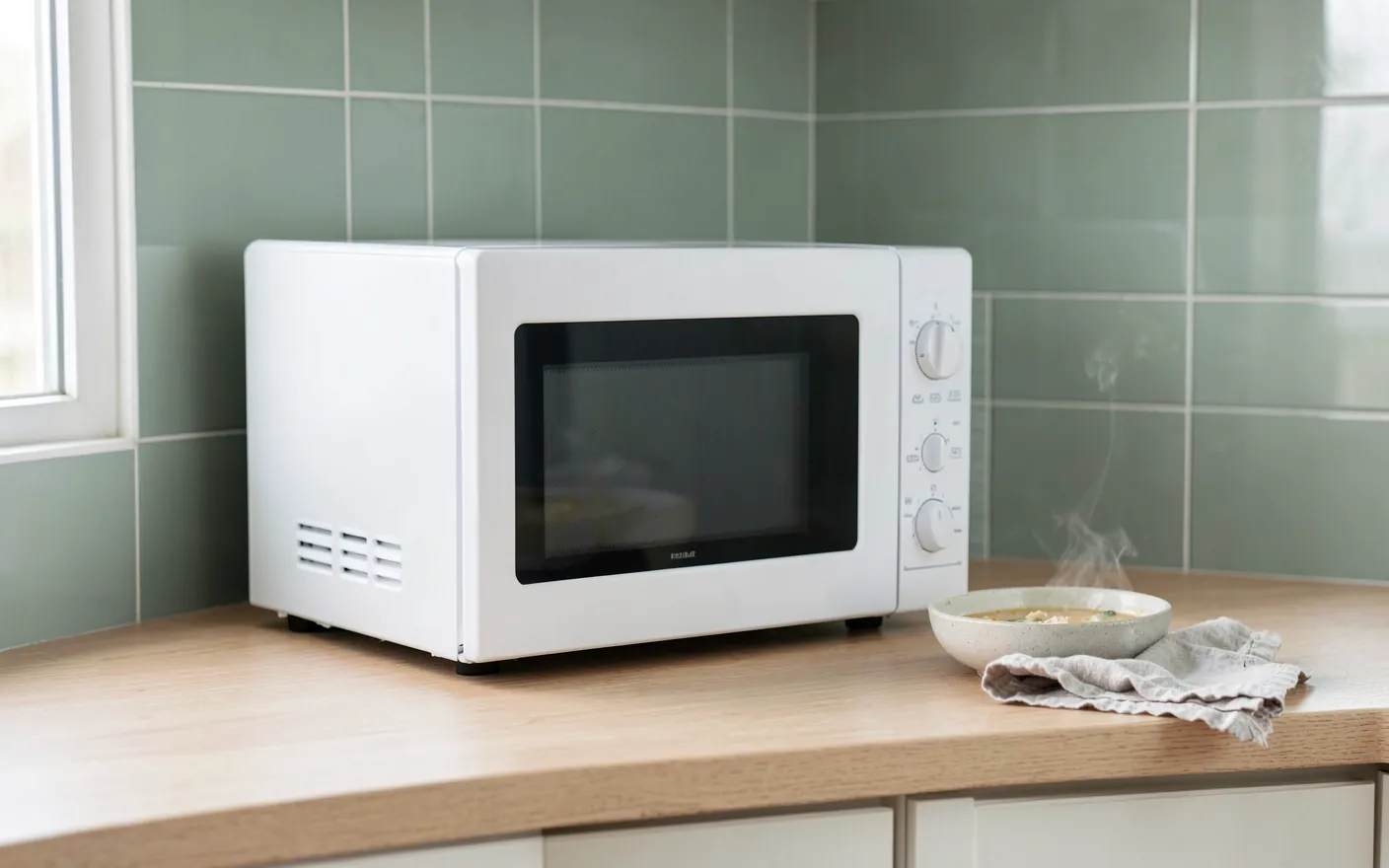 Microondas blanco sobre una encimera de madera clara en una cocina luminosa con azulejos verde salvia