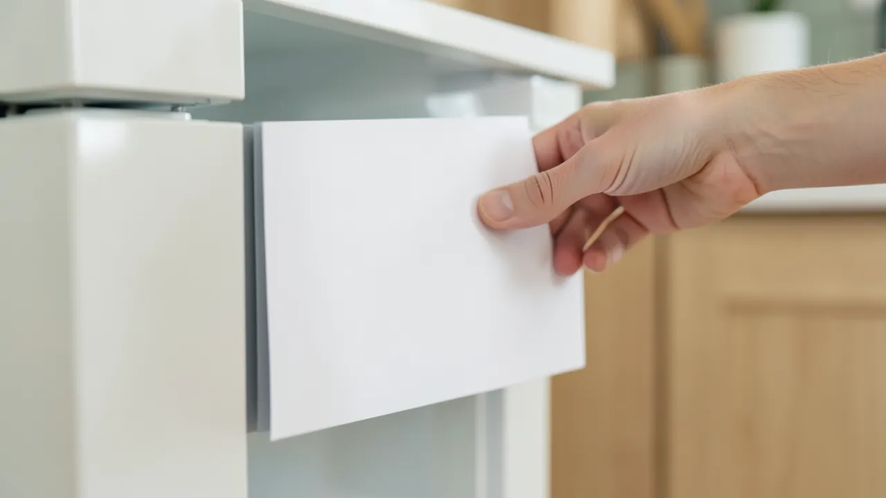 Mano cerrando la puerta de una nevera sobre un folio en blanco para comprobar la goma