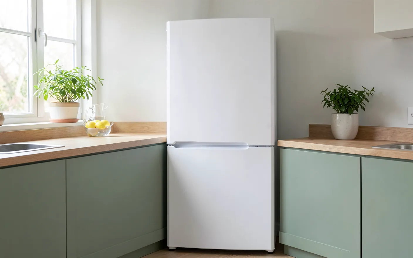 Frigorífico combi blanco en una cocina luminosa con encimera de madera clara y muebles verde salvia