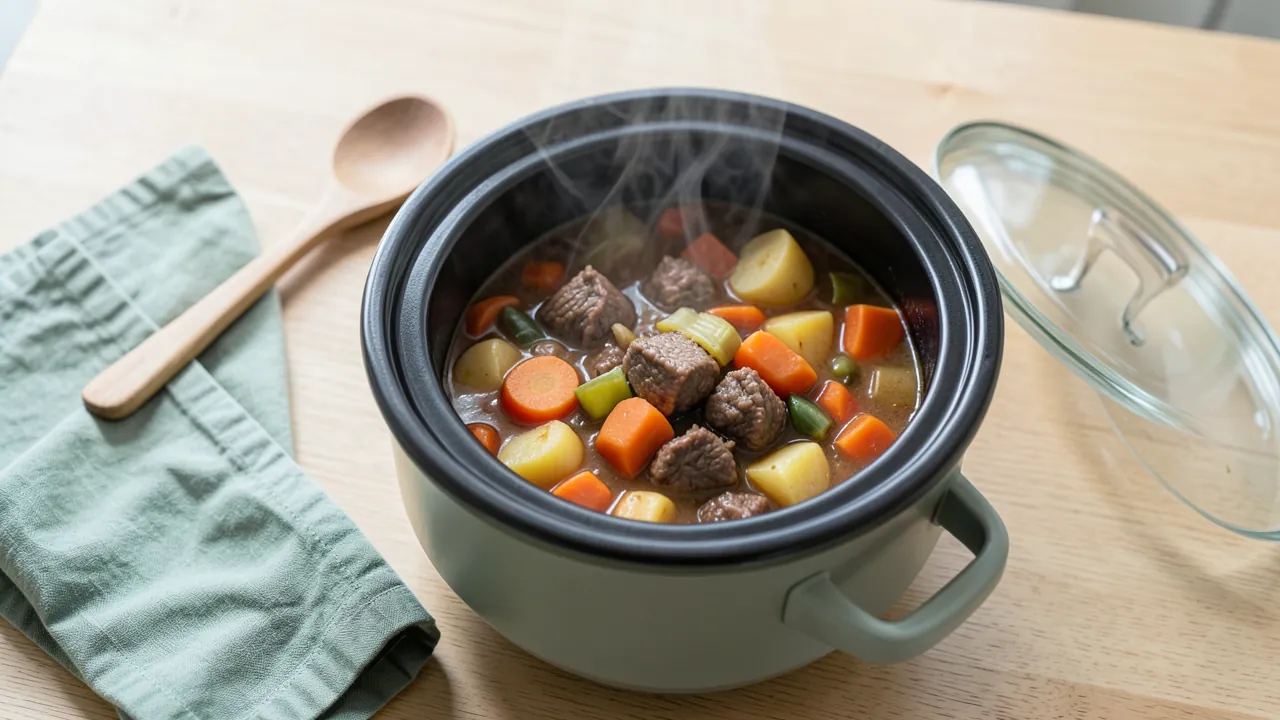 Recipiente de cerámica de una olla lenta con un guiso de carne, zanahorias y patatas visto desde arriba