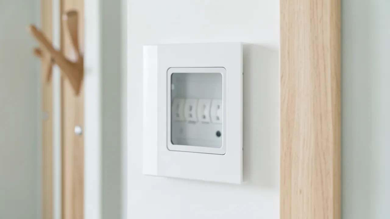 Cuadro eléctrico doméstico empotrado en la pared del recibidor, con la tapa cerrada