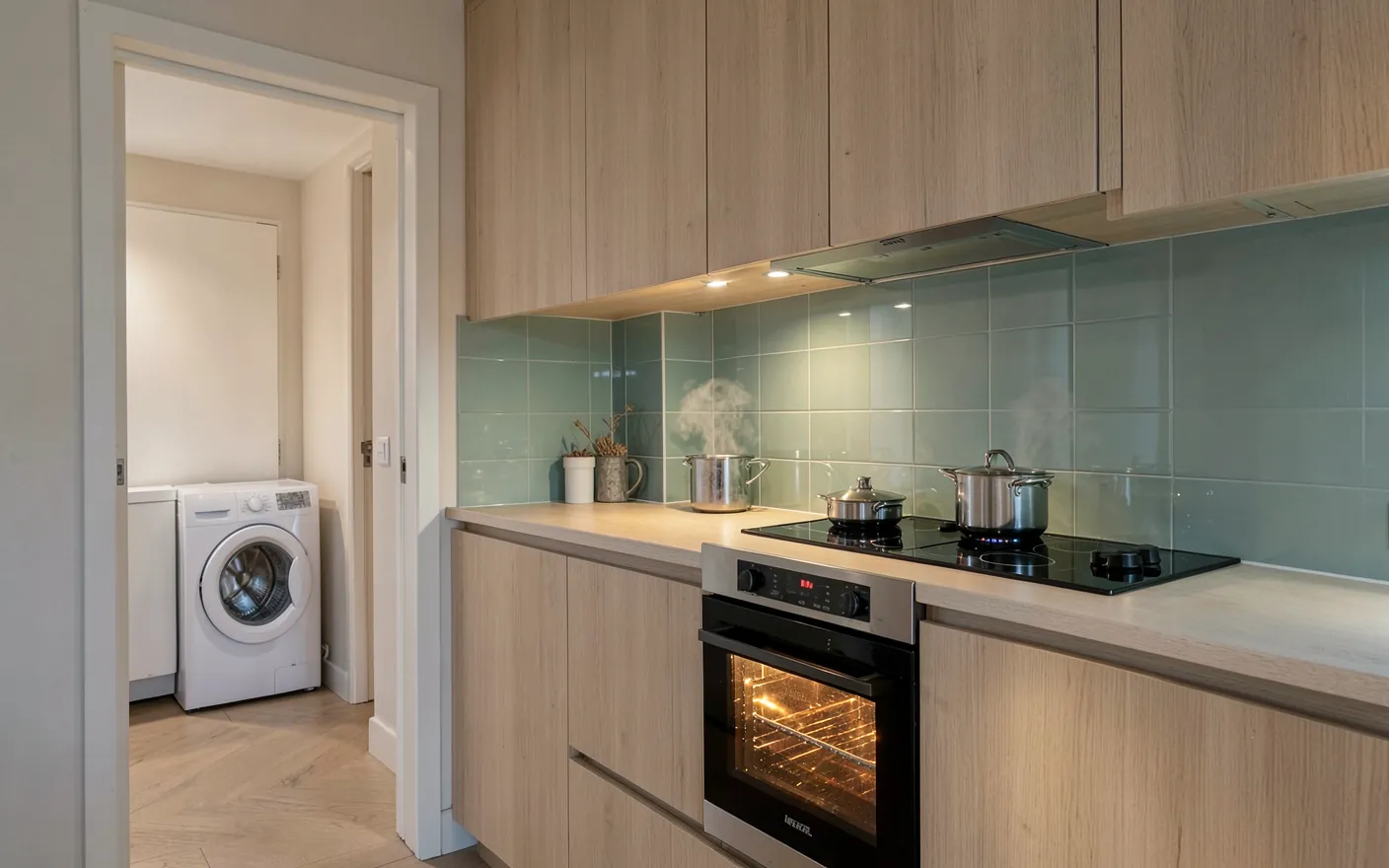 Cocina con el horno y la placa encendidos a la vez mientras gira la lavadora al fondo