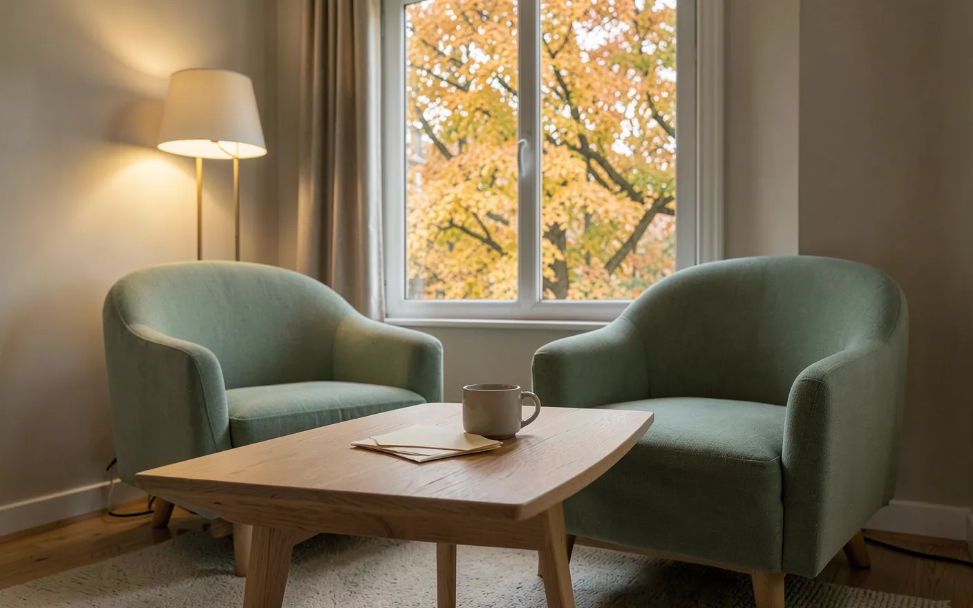 Salón acogedor al atardecer de otoño con una mesa de madera clara, unos sobres de papel y un sillón verde salvia