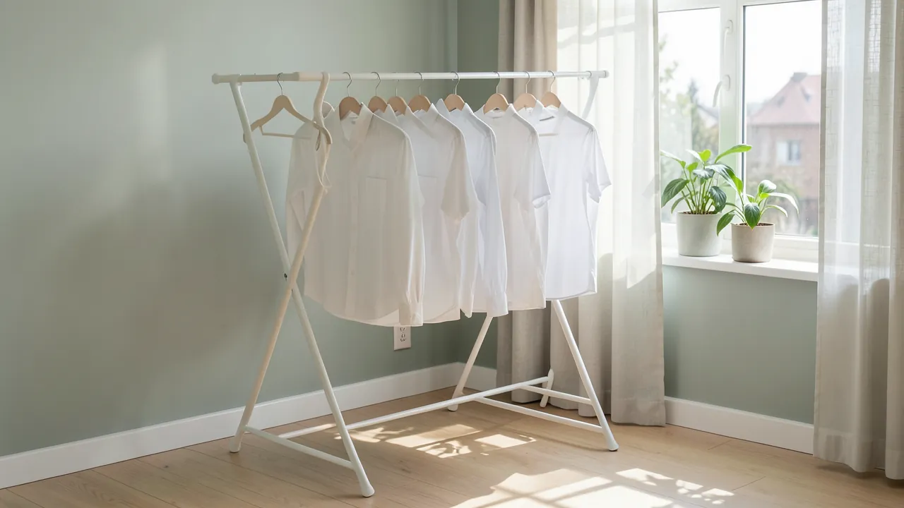 Tendedero plegable con ropa blanca junto a una ventana soleada en un piso