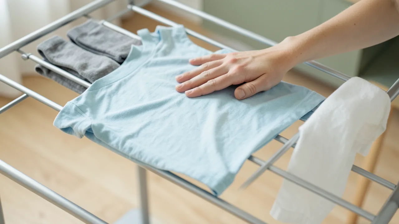 Mano extendiendo una camiseta azul en una sola capa sobre las barras plateadas de un tendedero eléctrico