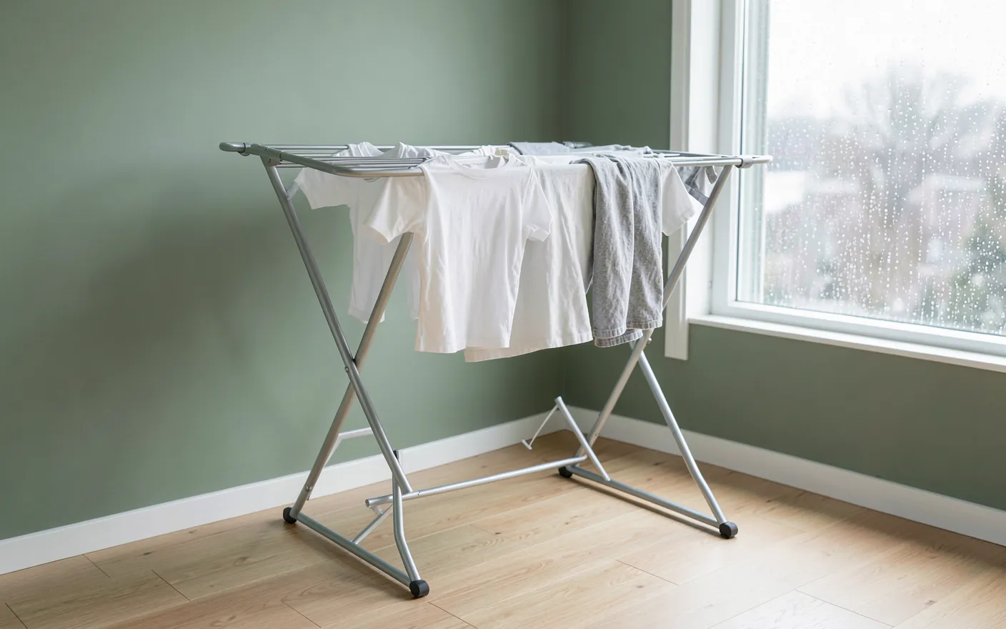 Tendedero eléctrico plegable de aluminio con camisetas y calcetines sobre las barras en un salón luminoso con suelo de madera clara