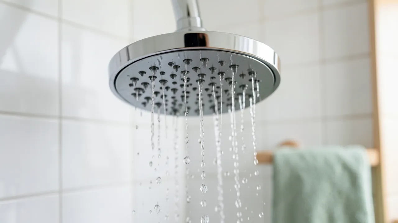 Alcachofa de ducha cromada de gota gruesa con el agua cayendo, sobre una pared de azulejo blanco