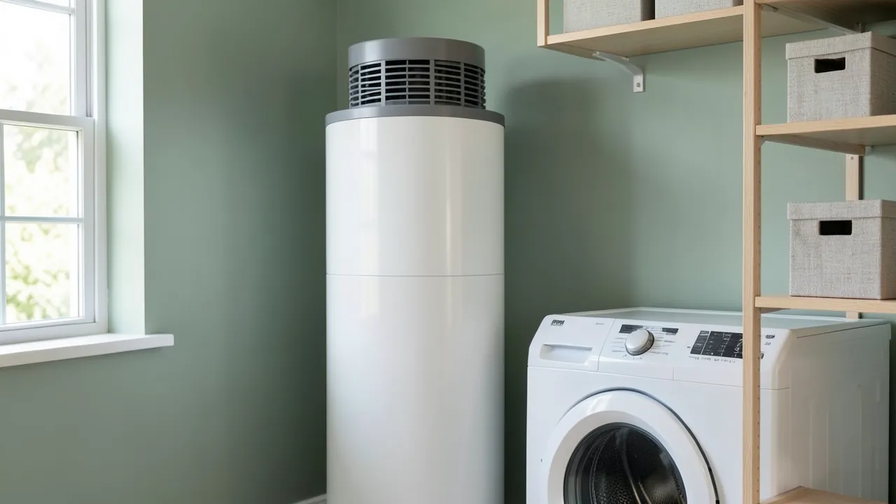 Termo con bomba de calor blanco, alto y con rejilla de ventilación arriba, en un lavadero junto a una lavadora