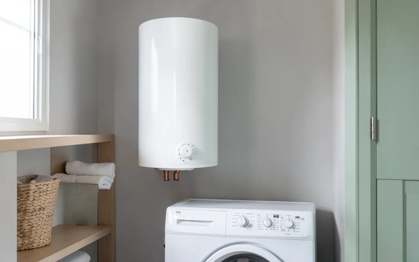 Termo eléctrico blanco colgado en la pared de un lavadero luminoso, encima de una lavadora y junto a un estante de madera clara