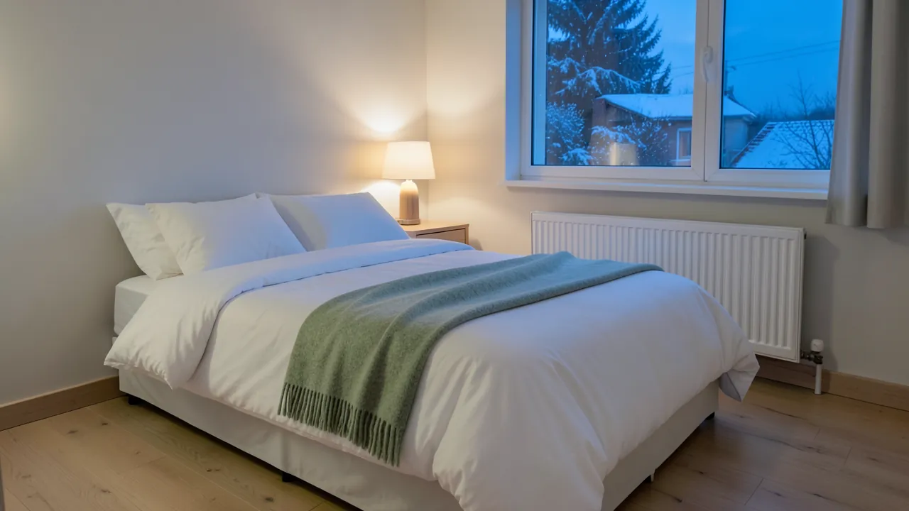 Dormitorio tranquilo al anochecer con un radiador blanco bajo la ventana y la cama hecha con un edredón grueso