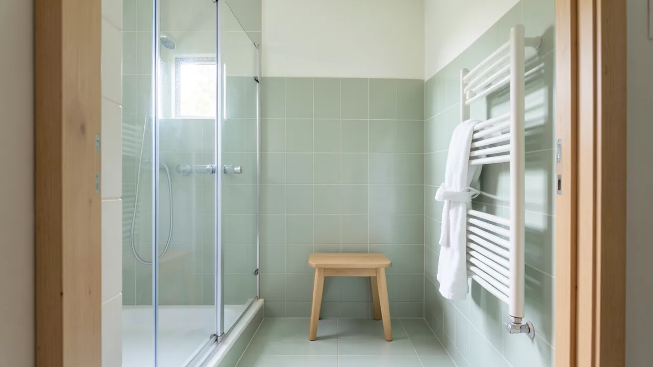 Baño pequeño con ducha de obra con mampara y un toallero eléctrico en la pared de enfrente con un albornoz colgado