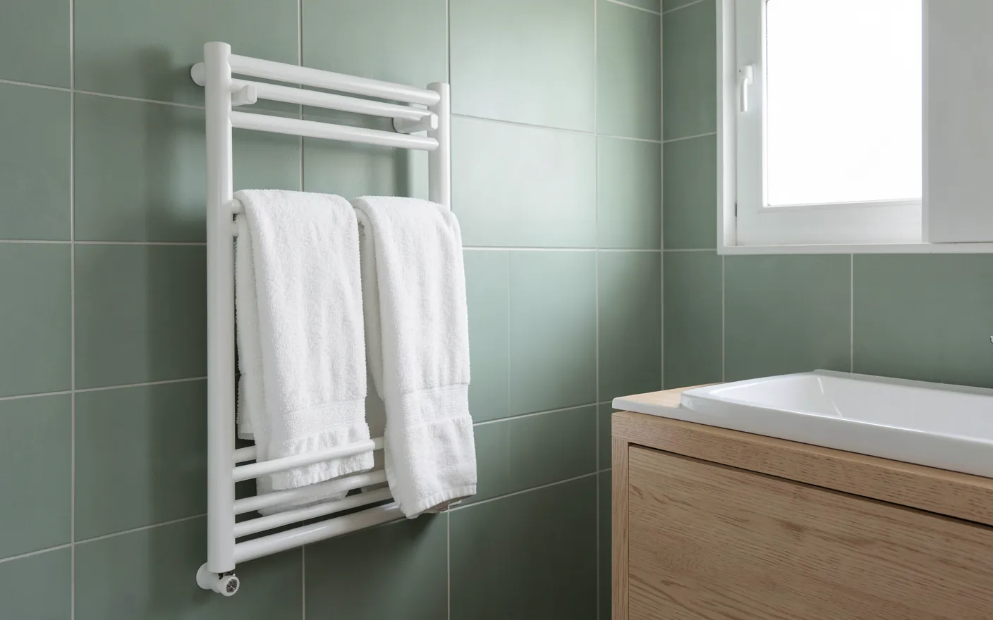 Toallero eléctrico blanco con dos toallas dobladas en un baño de azulejos verde salvia y mueble de madera clara